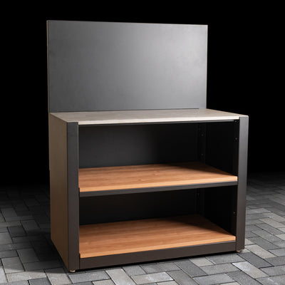 Two-tier wooden shelf with a black back panel on a tiled floor.