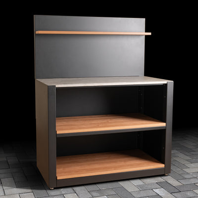 Outdoor Open Shelving Unit with Composite Wood-Effect finish, ceramic tile worktop, back panel and shelf. 