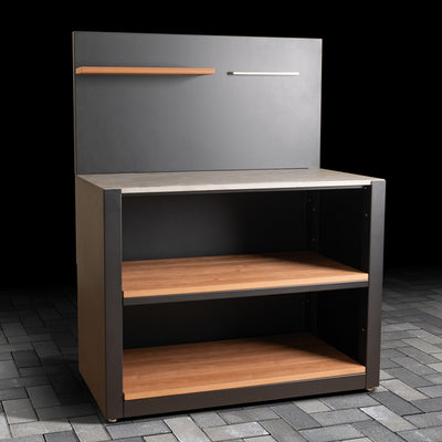 Outdoor Open Shelving Unit with Composite Wood-Effect finish, ceramic tile worktop, back panel, shelf and stainless steel hanger. 