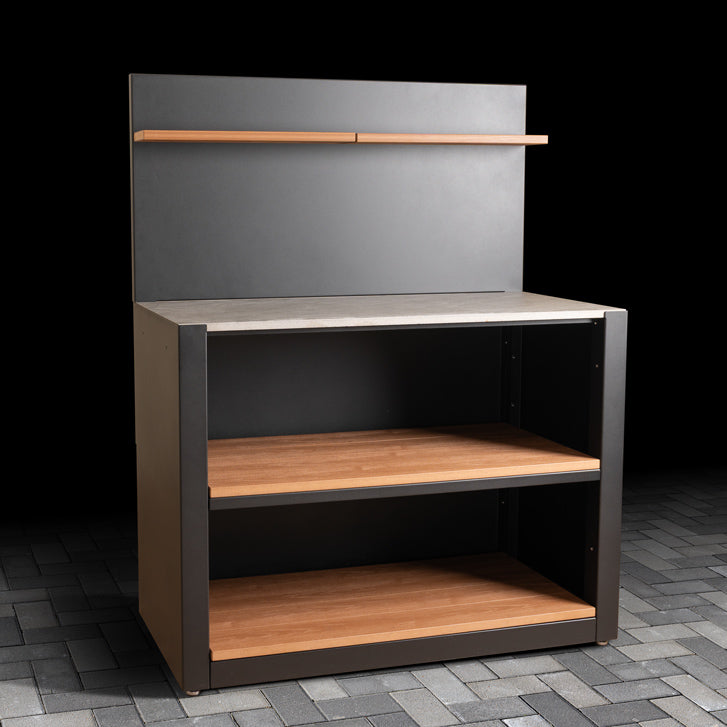 Outdoor Open Shelving Unit with Composite Wood-Effect finish, ceramic tile worktop, back panel and shelves. 