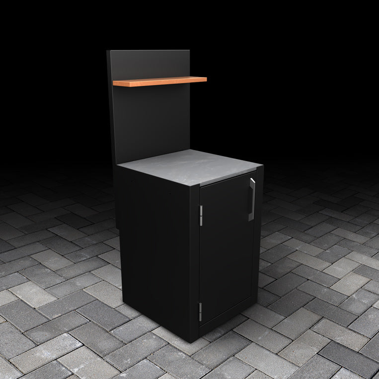 Outdoor Single Door Cabinet with a stainless steel handle, back panel and composite wood effect shelf. 