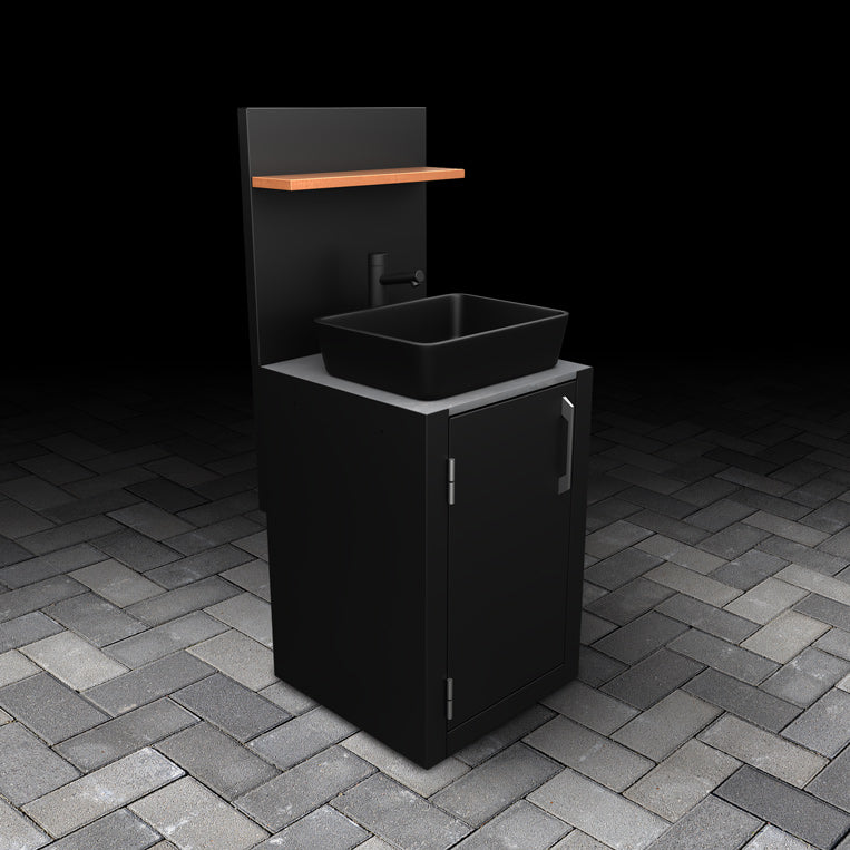 Outdoor Single-Door Sink Unit with matte black basin, stainless steel handle, mixer tap, drainer components, back panel and shelf.