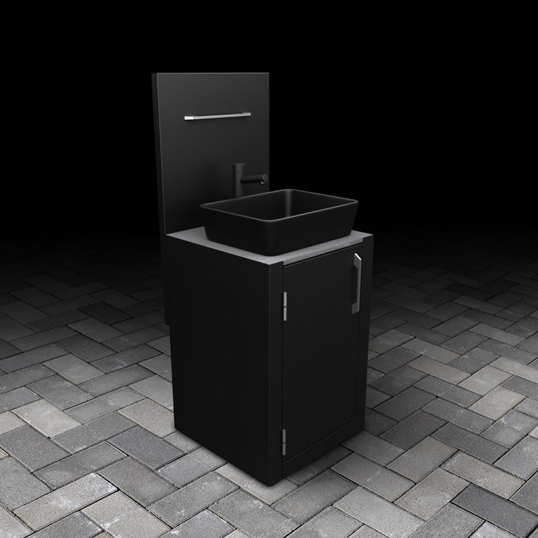 Outdoor Single-Door Sink Unit with matte black basin, stainless steel handle, mixer tap, drainer components, back panel and stainless steel hanger. 
