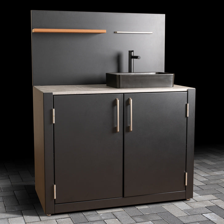 Outdoor Sink Unit with Dual-Doors, matte black basin, stainless steel handles, ceramic tile worktop, back panel, shelf and stainless steel hanger. 