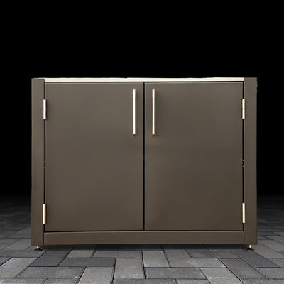 Black outdoor storage cabinet with two doors on a dark background