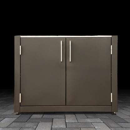 Black outdoor storage cabinet with two doors on a dark background