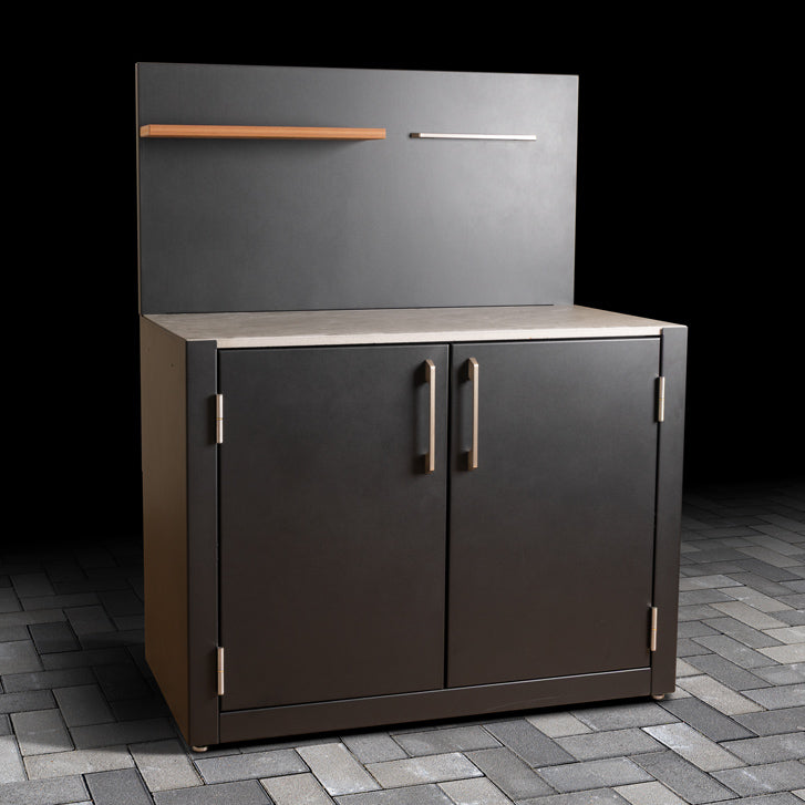 Standard Outdoor Cabinet with dual-doors, stainless steel handles, ceramic tile worktop, back panel, composite wood effect shelf and stainless steel hanger. 