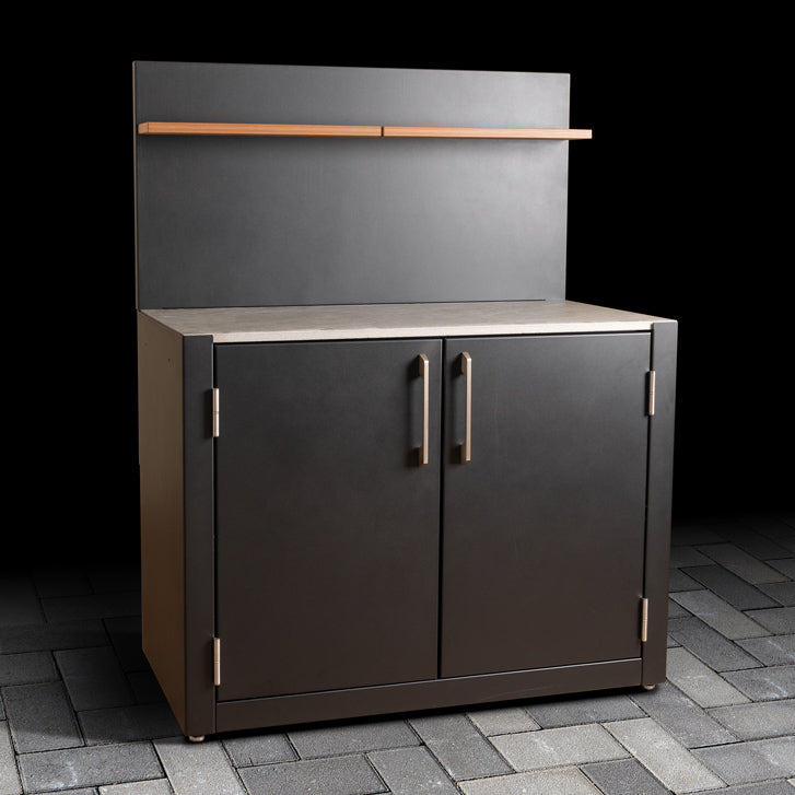 Standard Outdoor Cabinet with dual-doors, stainless steel handles, ceramic tile worktop, back panel and composite wood effect shelves.