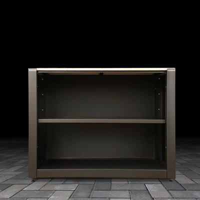 standard outdoor open shelving unit on a dark pavement background