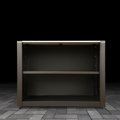 standard outdoor open shelving unit on a dark pavement background