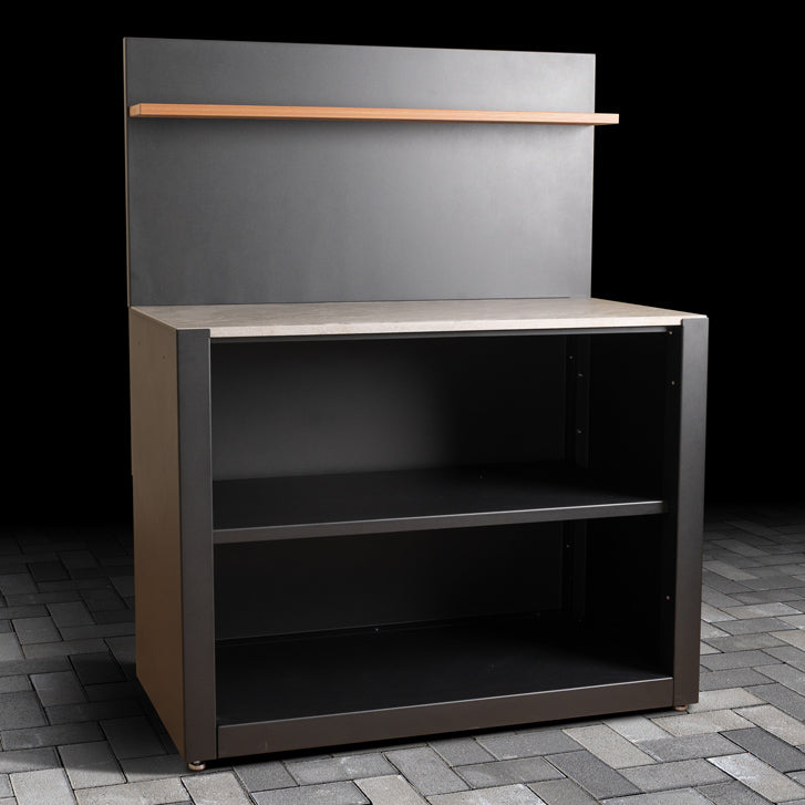 Standard Outdoor Open Shelving Unit with ceramic tile worktop finish, back panel and composite wood effect shelf. 