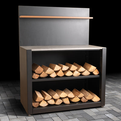 Standard Outdoor Open Shelving Unit with ceramic tile worktop finish, back panel, shelf and stacked logs. 