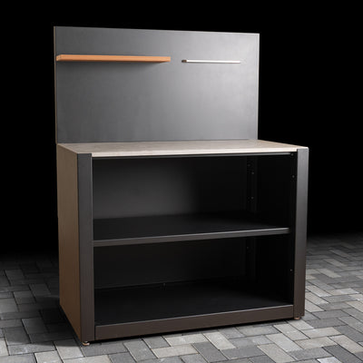 Standard Outdoor Open Shelving Unit with ceramic tile worktop finish, back panel, shelf and stainless steel hanger.